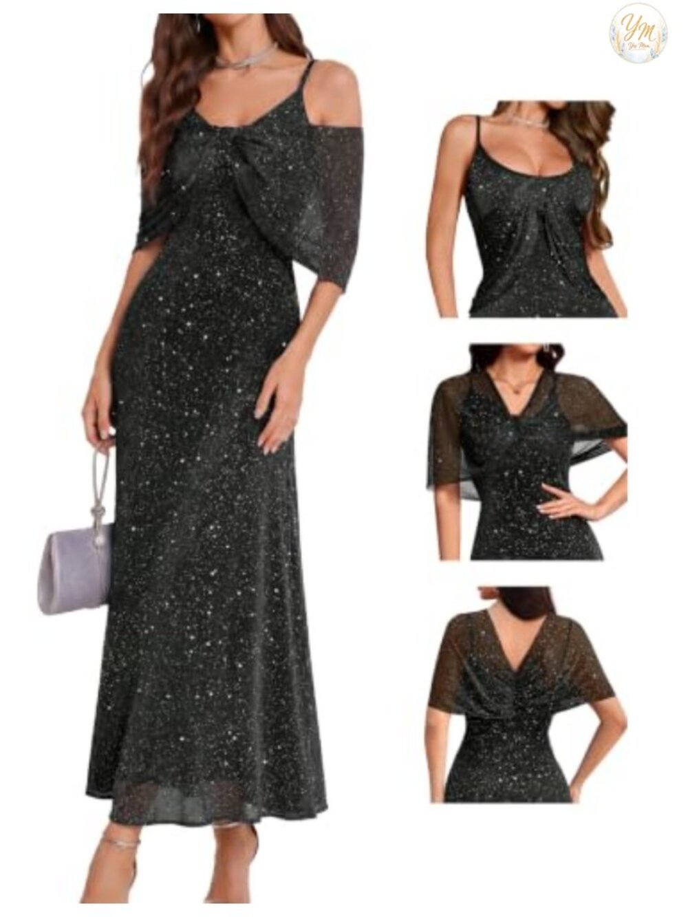 Sequin Formal Midi Dress with Shawl Long Sleeve Halter Cocktail Party Gown